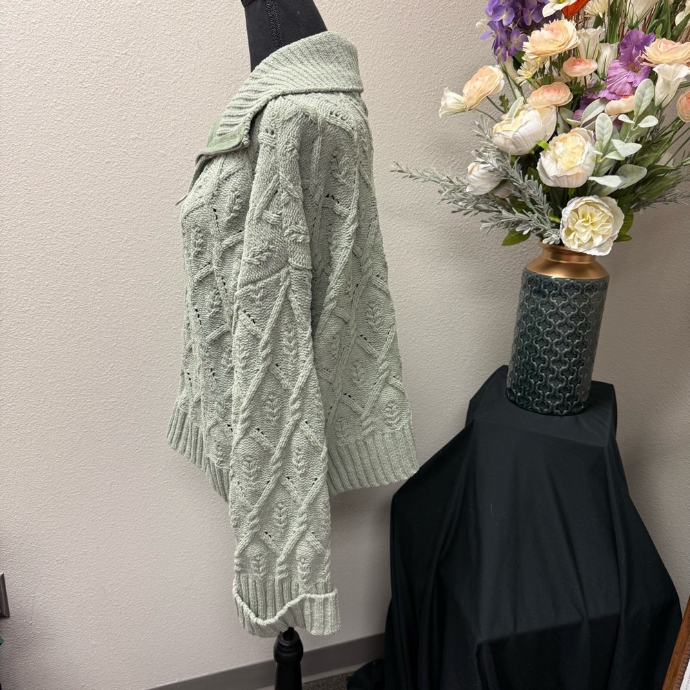 Pink Republic Sage Green Cable Knit Zip Sweater Jacket XL Cozy Fall Winter - Picture 3 of 9